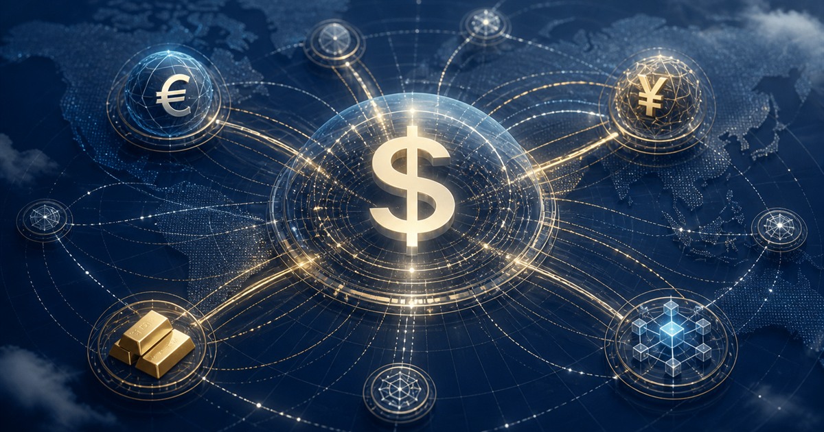 中央の米ドルを核に、ユーロ・人民元・金・デジタル決済がネットワークでつながる世界金融構造のイメージ